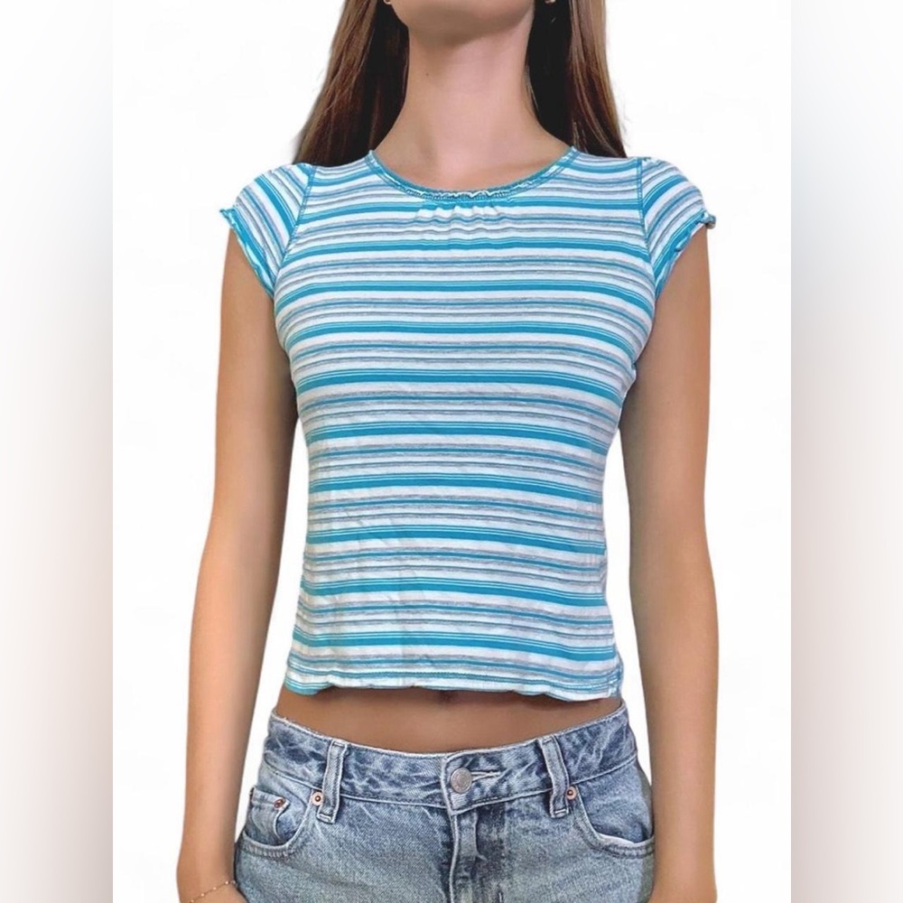 Striped Aqua Blue Crop Tee - Women's Top